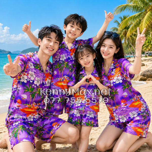 Set Áo Sơ Mi Quần Short Tropical Cây Dừa Tím Đi Biển Nam Nữ