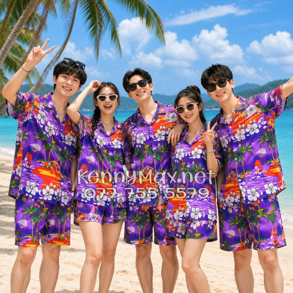 Set Áo Sơ Mi Quần Short Tropical Cây Dừa Tím Đi Biển Nam Nữ