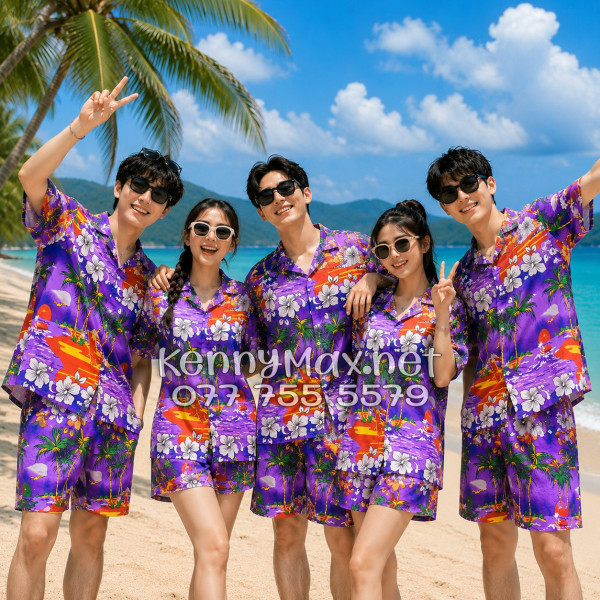 Set Áo Sơ Mi Quần Short Tropical Cây Dừa Tím Đi Biển Nam Nữ