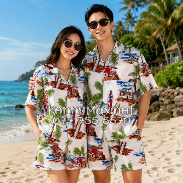 Set Áo Sơ Mi Quần Short Tropical Cây Dừa Ván Lướt Sóng Surfboard Xe Van Trắng Đi Biển Nam Nữ