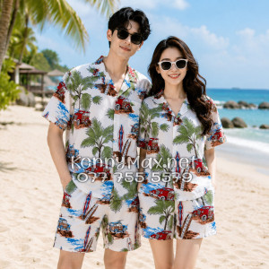Set Áo Sơ Mi Quần Short Tropical Cây Dừa Ván Lướt Sóng Surfboard Xe Van Trắng Đi Biển Nam Nữ