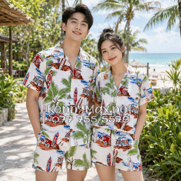 Set Áo Sơ Mi Quần Short Tropical Cây Dừa Ván Lướt Sóng Surfboard Xe Van Trắng Đi Biển Nam Nữ