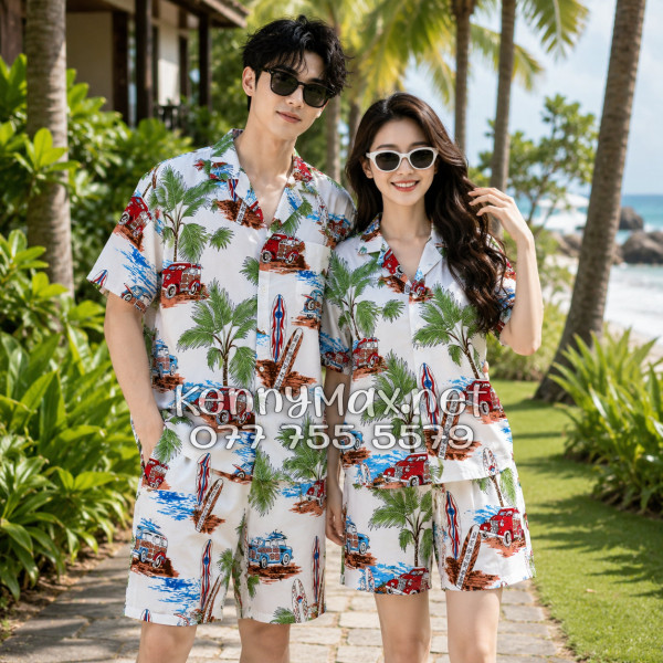 Set Áo Sơ Mi Quần Short Tropical Cây Dừa Ván Lướt Sóng Surfboard Xe Van Trắng Đi Biển Nam Nữ