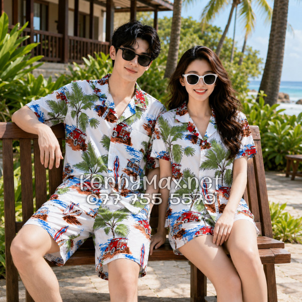 Set Áo Sơ Mi Quần Short Tropical Cây Dừa Ván Lướt Sóng Surfboard Xe Van Trắng Đi Biển Nam Nữ