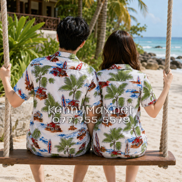 Set Áo Sơ Mi Quần Short Tropical Cây Dừa Ván Lướt Sóng Surfboard Xe Van Trắng Đi Biển Nam Nữ