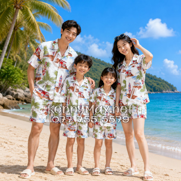 Set Áo Sơ Mi Quần Short Tropical Cây Dừa Ván Lướt Sóng Surfboard Xe Van Trắng Đi Biển Nam Nữ