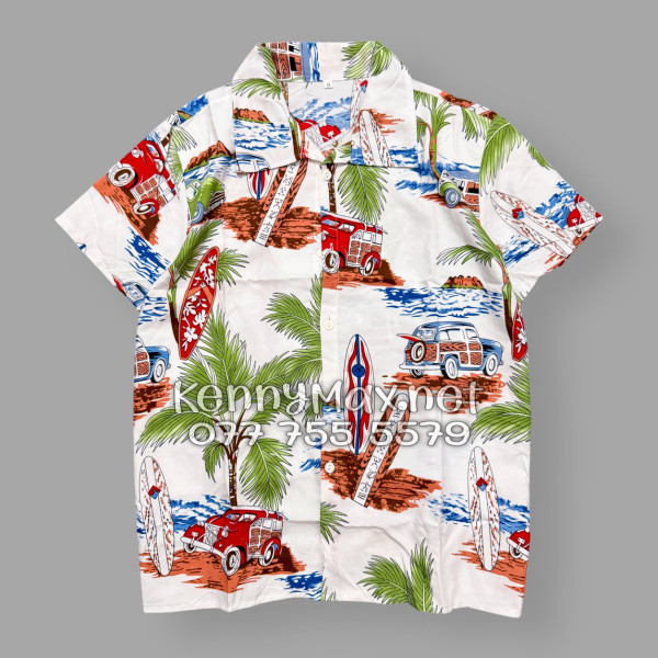 Set Áo Sơ Mi Quần Short Tropical Cây Dừa Ván Lướt Sóng Surfboard Xe Van Trắng Đi Biển Nam Nữ