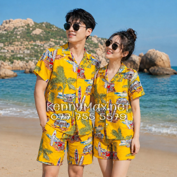 Set Áo Sơ Mi Quần Short Tropical Cây Dừa Ván Lướt Sóng Surfboard Xe Van Vàng Đi Biển Nam Nữ