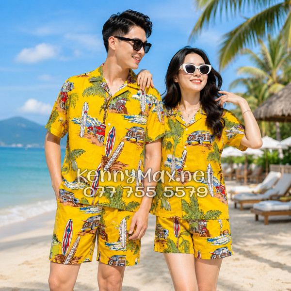 Set Áo Sơ Mi Quần Short Tropical Cây Dừa Ván Lướt Sóng Surfboard Xe Van Vàng Đi Biển Nam Nữ