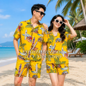 Set Áo Sơ Mi Quần Short Tropical Cây Dừa Ván Lướt Sóng Surfboard Xe Van Vàng Đi Biển Nam Nữ