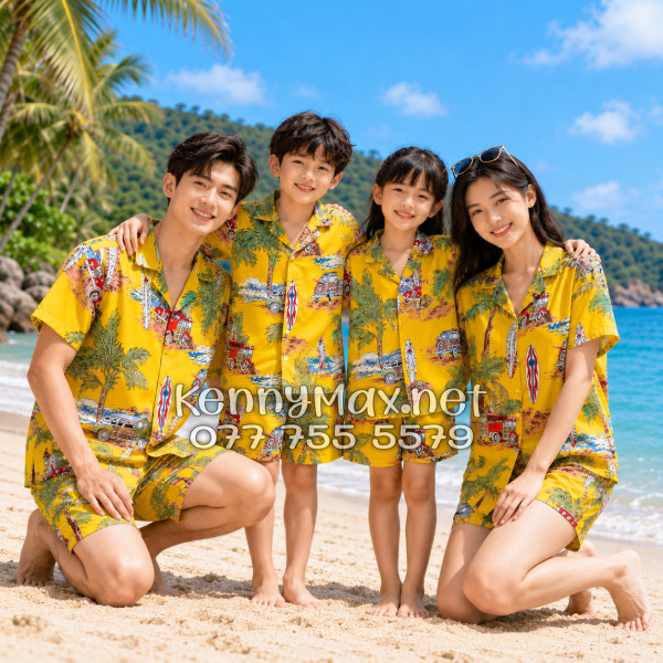 Set Áo Sơ Mi Quần Short Tropical Cây Dừa Ván Lướt Sóng Surfboard Xe Van Vàng Đi Biển Nam Nữ