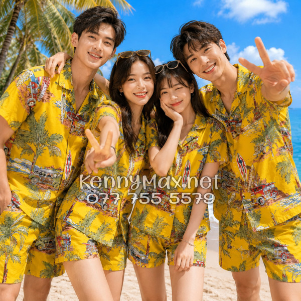 Set Áo Sơ Mi Quần Short Tropical Cây Dừa Ván Lướt Sóng Surfboard Xe Van Vàng Đi Biển Nam Nữ