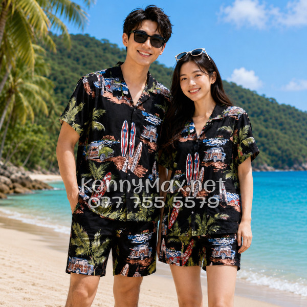 Set Áo Sơ Mi Quần Short Tropical Cây Dừa Ván Lướt Sóng Surfboard Xe Van Đen Đi Biển Nam Nữ