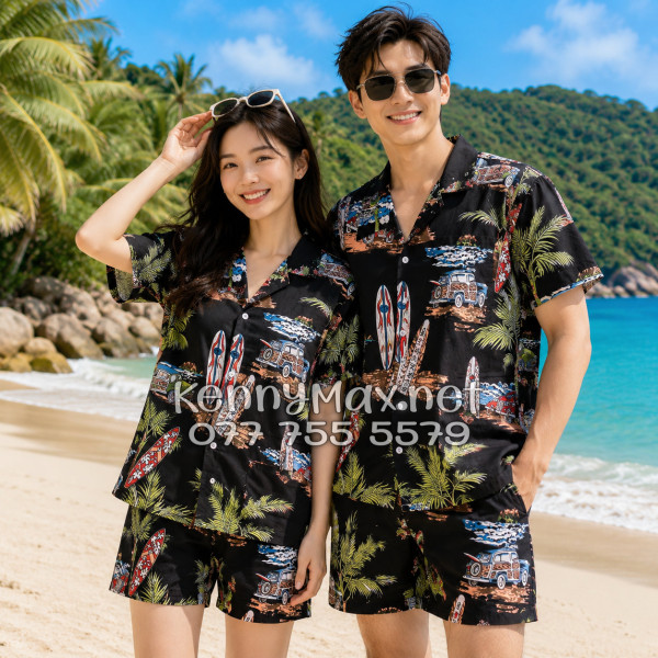 Set Áo Sơ Mi Quần Short Tropical Cây Dừa Ván Lướt Sóng Surfboard Xe Van Đen Đi Biển Nam Nữ