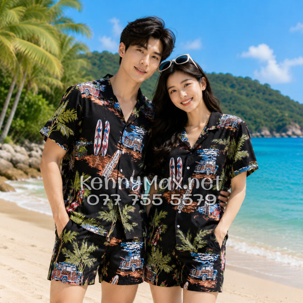 Set Áo Sơ Mi Quần Short Tropical Cây Dừa Ván Lướt Sóng Surfboard Xe Van Đen Đi Biển Nam Nữ