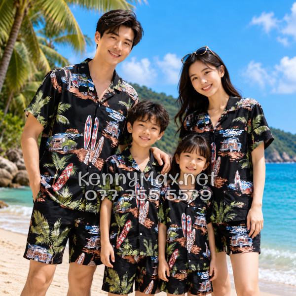 Set Áo Sơ Mi Quần Short Tropical Cây Dừa Ván Lướt Sóng Surfboard Xe Van Đen Đi Biển Nam Nữ