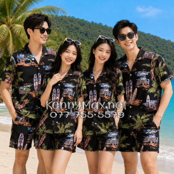Set Áo Sơ Mi Quần Short Tropical Cây Dừa Ván Lướt Sóng Surfboard Xe Van Đen Đi Biển Nam Nữ