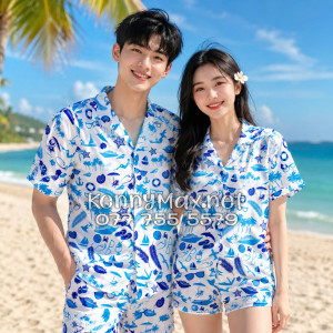 Set Áo Sơ Mi Quần Short Tropical Cây Dừa Thuyền Buồm Mỏ Neo Sao Biển Xanh Đi Biển Nam Nữ