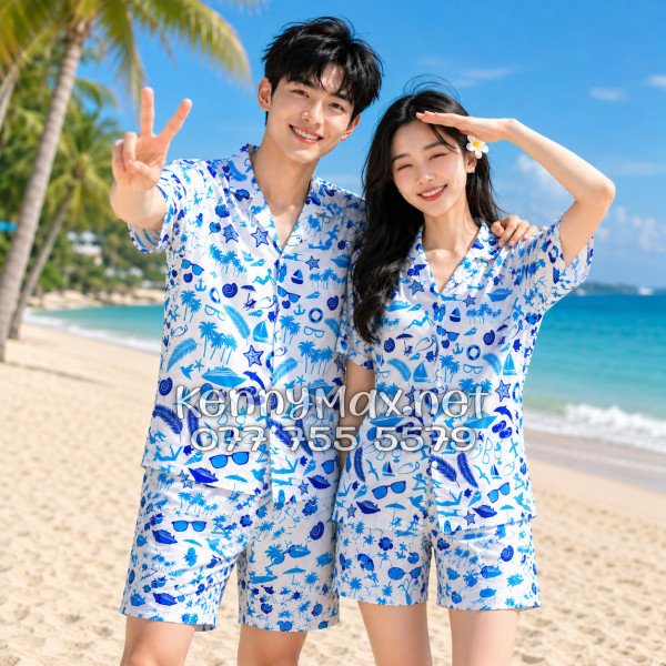Set Áo Sơ Mi Quần Short Tropical Cây Dừa Thuyền Buồm Mỏ Neo Sao Biển Xanh Đi Biển Nam Nữ