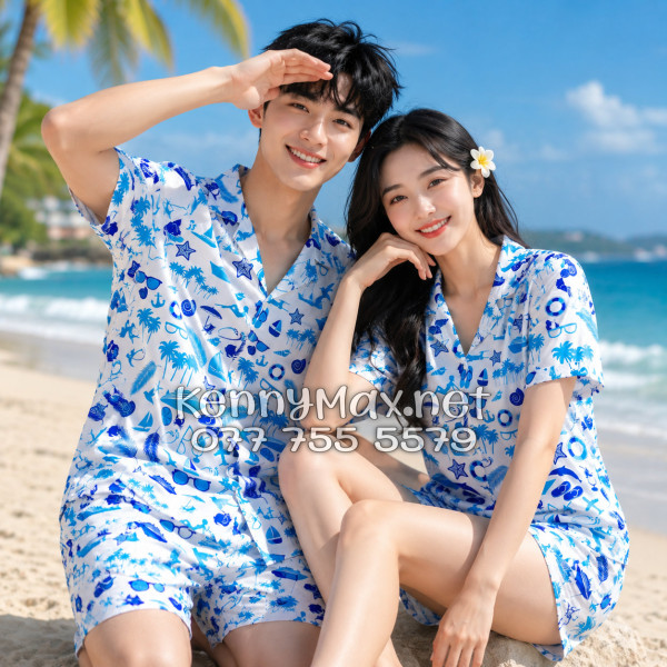 Set Áo Sơ Mi Quần Short Tropical Cây Dừa Thuyền Buồm Mỏ Neo Sao Biển Xanh Đi Biển Nam Nữ