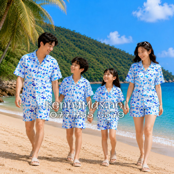 Set Áo Sơ Mi Quần Short Tropical Cây Dừa Thuyền Buồm Mỏ Neo Sao Biển Xanh Đi Biển Nam Nữ