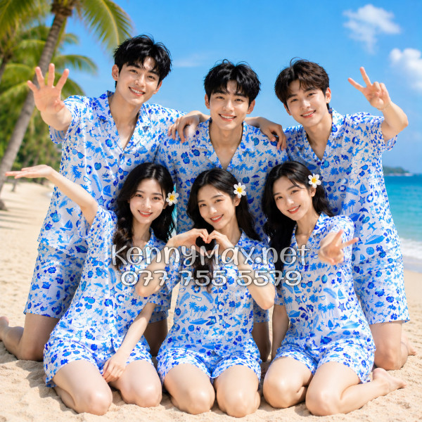 Set Áo Sơ Mi Quần Short Tropical Cây Dừa Thuyền Buồm Mỏ Neo Sao Biển Xanh Đi Biển Nam Nữ