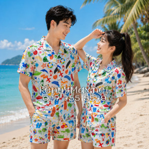 Set Áo Sơ Mi Quần Short Tropical Cây Dừa Thuyền Buồm Mỏ Neo Sao Biển Đỏ Đi Biển Nam Nữ