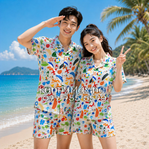 Set Áo Sơ Mi Quần Short Tropical Cây Dừa Thuyền Buồm Mỏ Neo Sao Biển Đỏ Đi Biển Nam Nữ