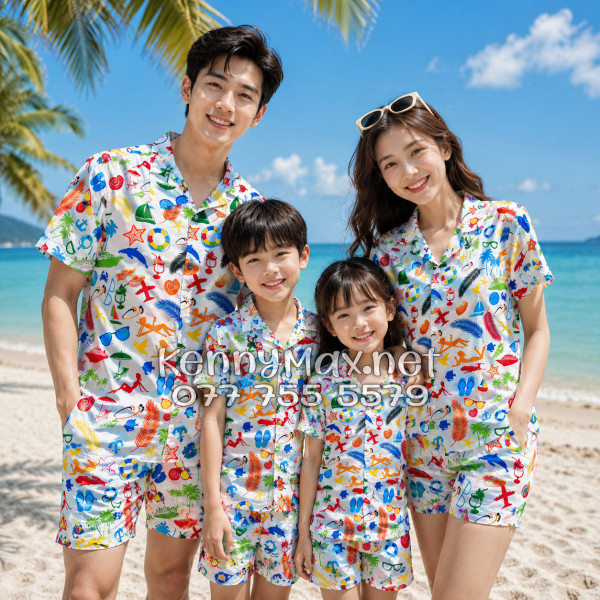 Set Áo Sơ Mi Quần Short Tropical Cây Dừa Thuyền Buồm Mỏ Neo Sao Biển Đỏ Đi Biển Nam Nữ