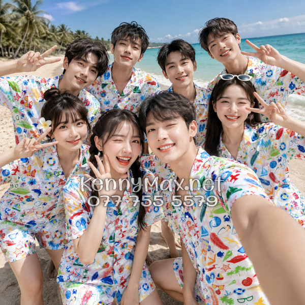 Set Áo Sơ Mi Quần Short Tropical Cây Dừa Thuyền Buồm Mỏ Neo Sao Biển Đỏ Đi Biển Nam Nữ