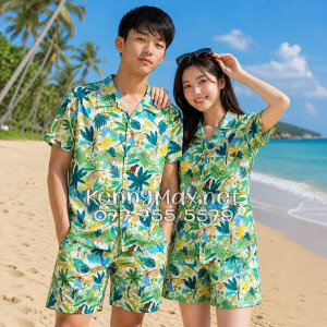 Set Áo Sơ Mi Quần Short Tropical Báo Đốm Vẹt Đi Biển Nam Nữ