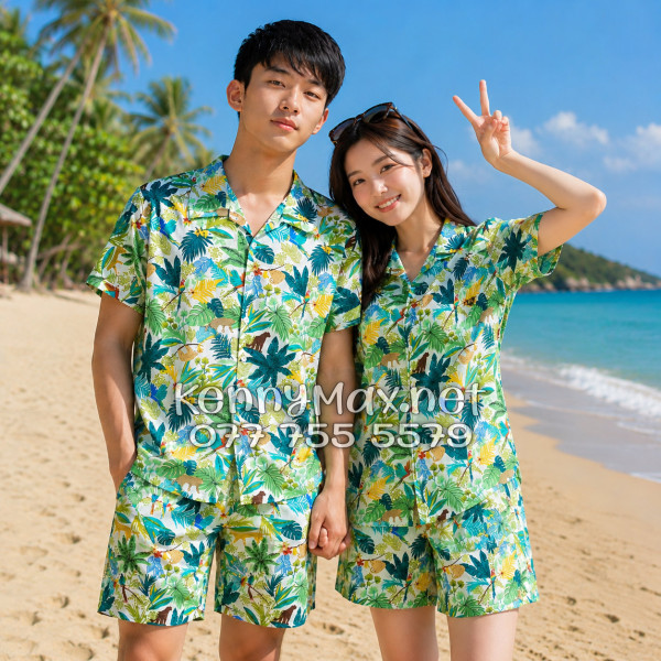 Set Áo Sơ Mi Quần Short Tropical Báo Đốm Vẹt Đi Biển Nam Nữ
