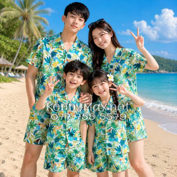Set Áo Sơ Mi Quần Short Tropical Báo Đốm Vẹt Đi Biển Nam Nữ