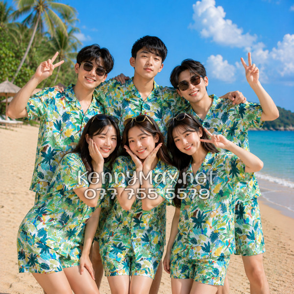 Set Áo Sơ Mi Quần Short Tropical Báo Đốm Vẹt Đi Biển Nam Nữ