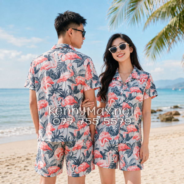 Set Áo Sơ Mi Quần Short Tropical Chim Hồng Hạc Đi Biển Nam Nữ
