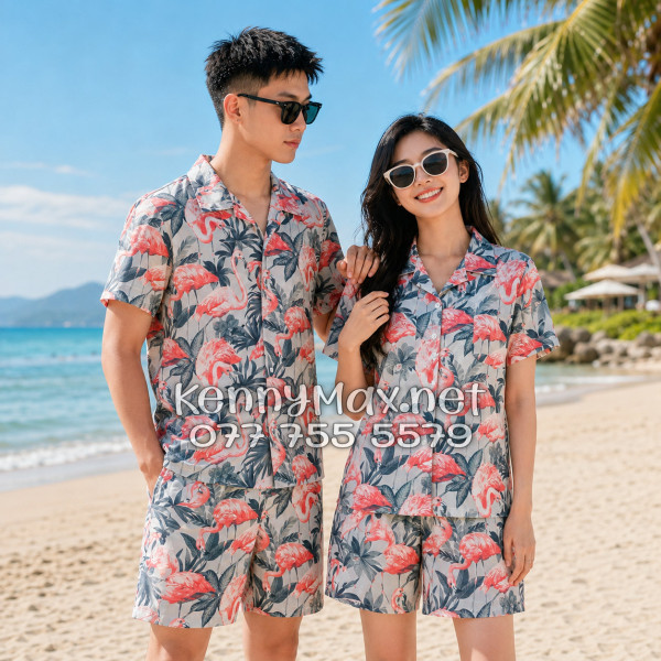 Set Áo Sơ Mi Quần Short Tropical Chim Hồng Hạc Đi Biển Nam Nữ