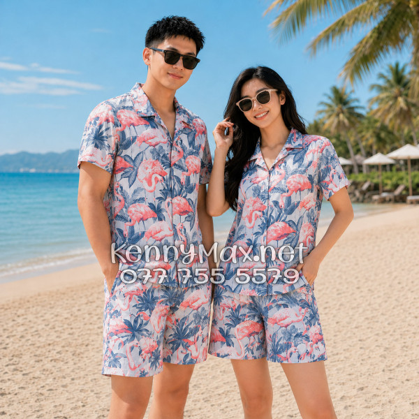 Set Áo Sơ Mi Quần Short Tropical Chim Hồng Hạc Đi Biển Nam Nữ