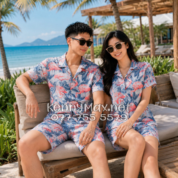 Set Áo Sơ Mi Quần Short Tropical Chim Hồng Hạc Đi Biển Nam Nữ
