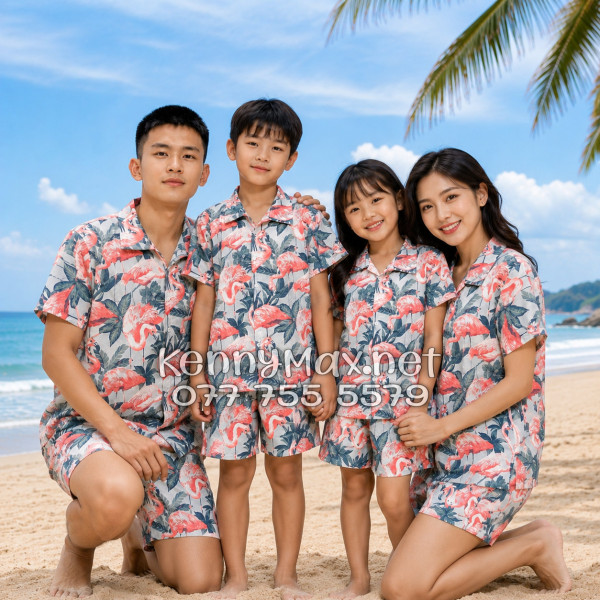 Set Áo Sơ Mi Quần Short Tropical Chim Hồng Hạc Đi Biển Nam Nữ