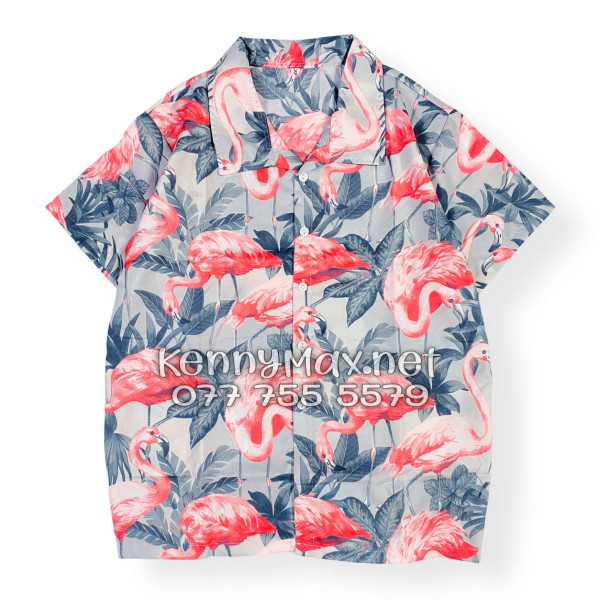Set Áo Sơ Mi Quần Short Tropical Chim Hồng Hạc Đi Biển Nam Nữ
