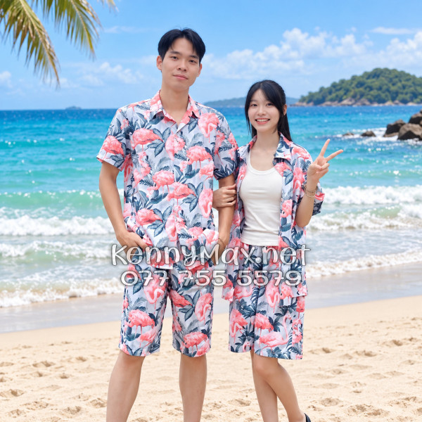 Set Áo Sơ Mi Quần Short Tropical Chim Hồng Hạc Đi Biển Nam Nữ