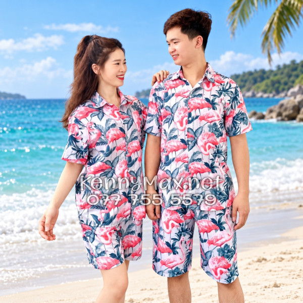 Set Áo Sơ Mi Quần Short Tropical Chim Hồng Hạc Đi Biển Nam Nữ