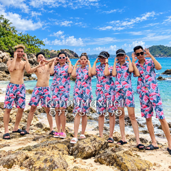 Set Áo Sơ Mi Quần Short Tropical Chim Hồng Hạc Đi Biển Nam Nữ