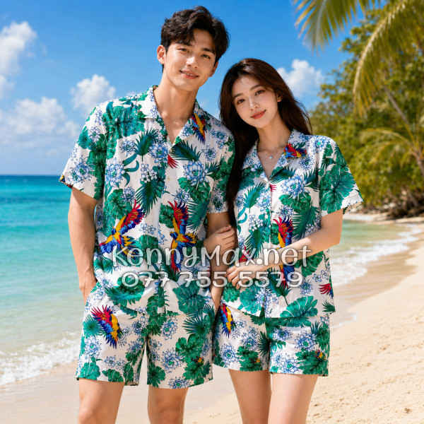Set Áo Sơ Mi Quần Short Tropical Chim Vẹt Lá Xanh Đi Biển Nam Nữ