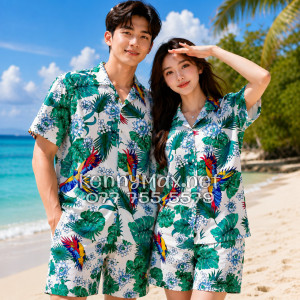 Set Áo Sơ Mi Quần Short Tropical Chim Vẹt Lá Xanh Đi Biển Nam Nữ
