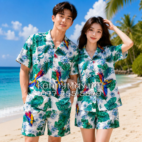 Set Áo Sơ Mi Quần Short Tropical Chim Vẹt Lá Xanh Đi Biển Nam Nữ