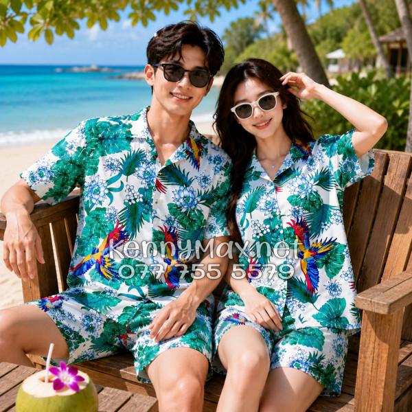 Set Áo Sơ Mi Quần Short Tropical Chim Vẹt Lá Xanh Đi Biển Nam Nữ