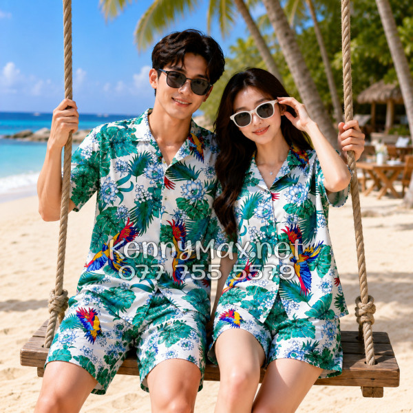 Set Áo Sơ Mi Quần Short Tropical Chim Vẹt Lá Xanh Đi Biển Nam Nữ