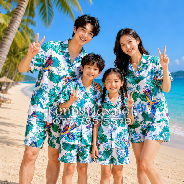 Set Áo Sơ Mi Quần Short Tropical Chim Vẹt Lá Xanh Đi Biển Nam Nữ