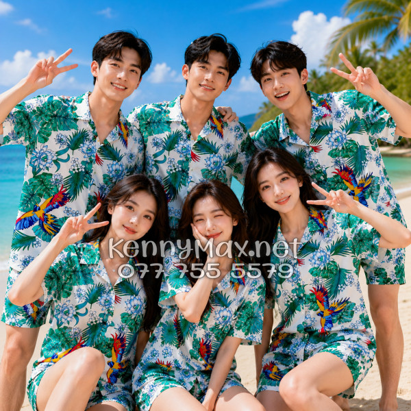 Set Áo Sơ Mi Quần Short Tropical Chim Vẹt Lá Xanh Đi Biển Nam Nữ